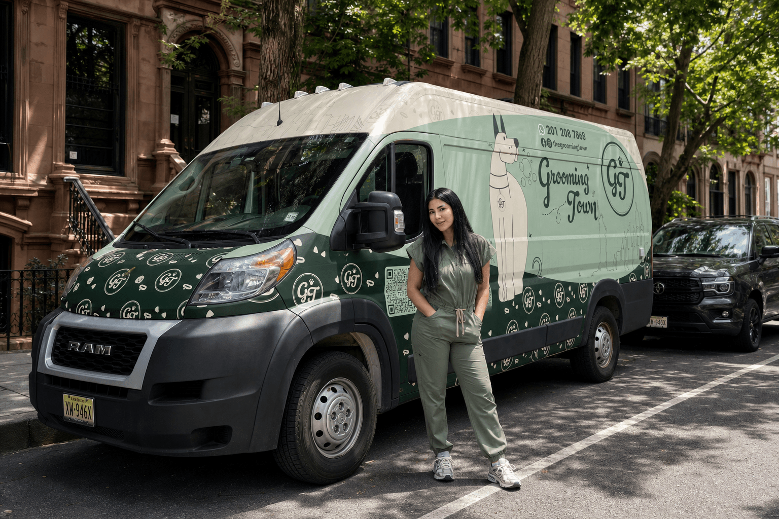 Solmary beside the Grooming Town mobile spa parked at a brownstone curb