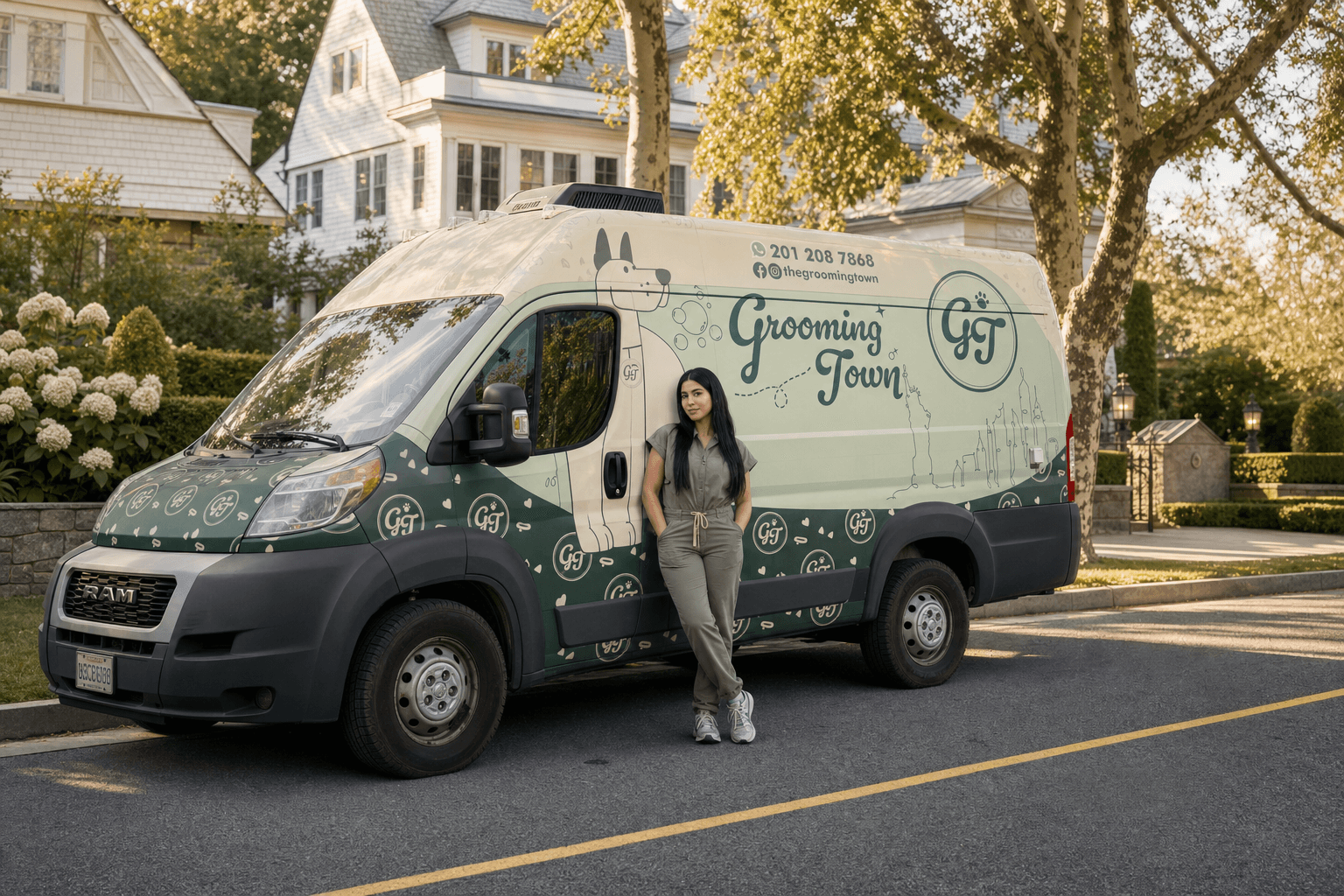The Grooming Town van at the curb of a luxury estate