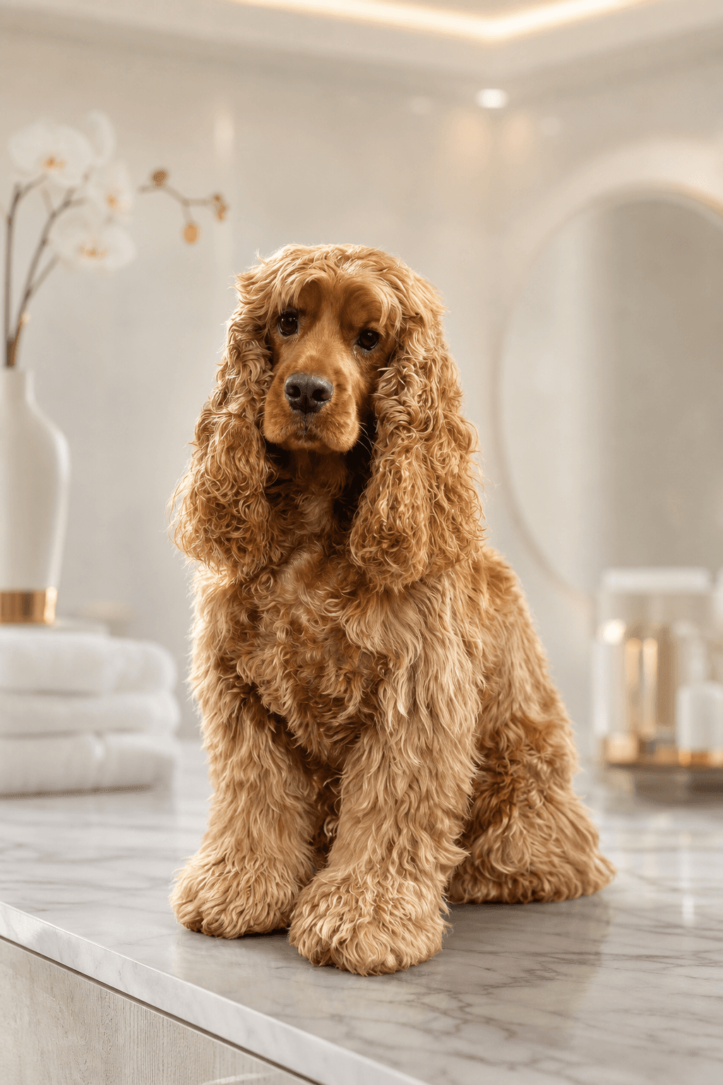 Golden Cocker Spaniel after a full spa session
