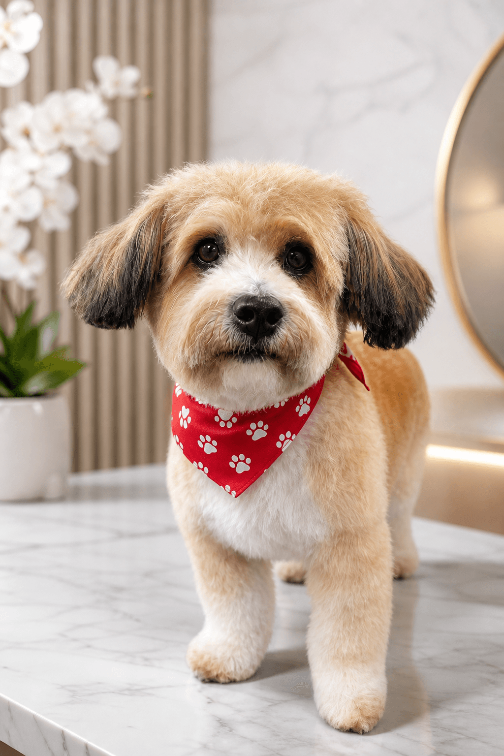 Tan and white dog in a red bandana