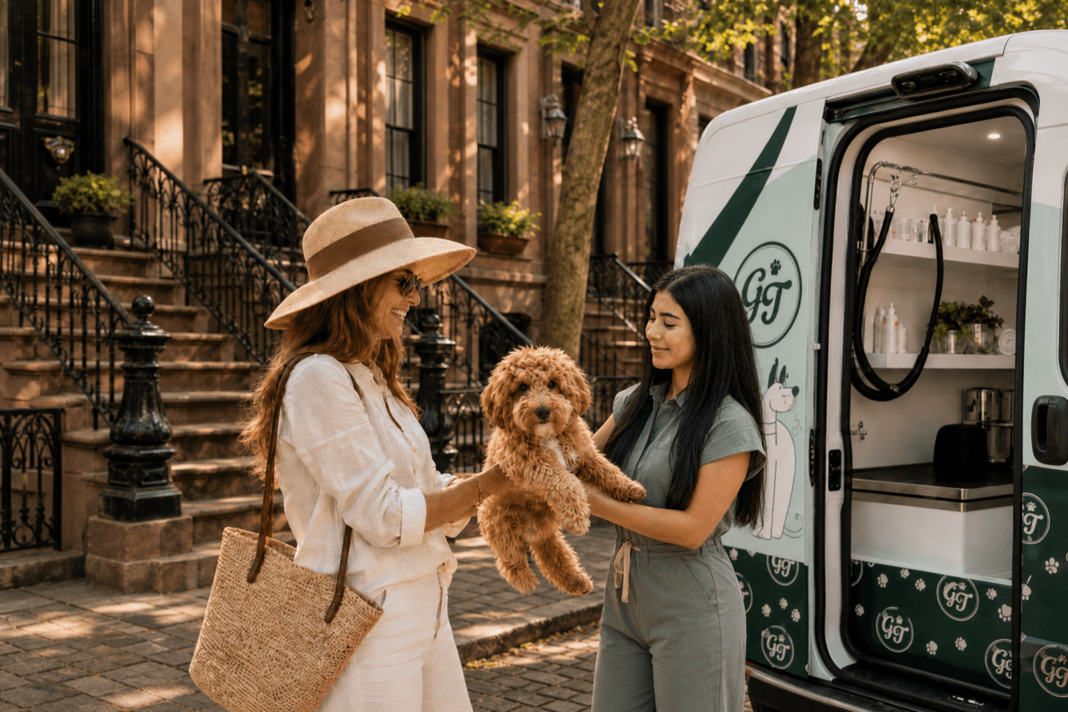 Calm handoff at a brownstone curb
