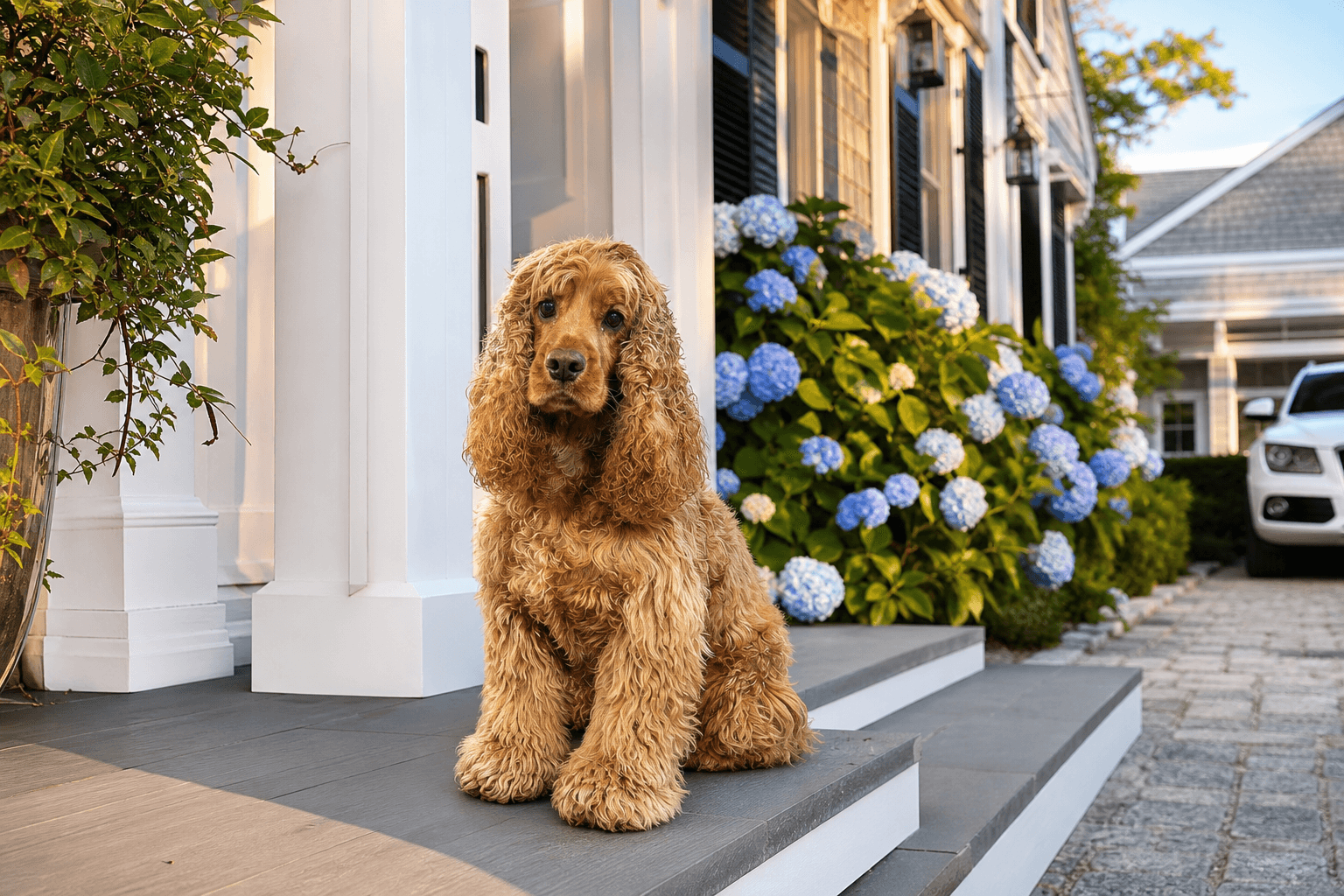 Spaniel on a porch after grooming