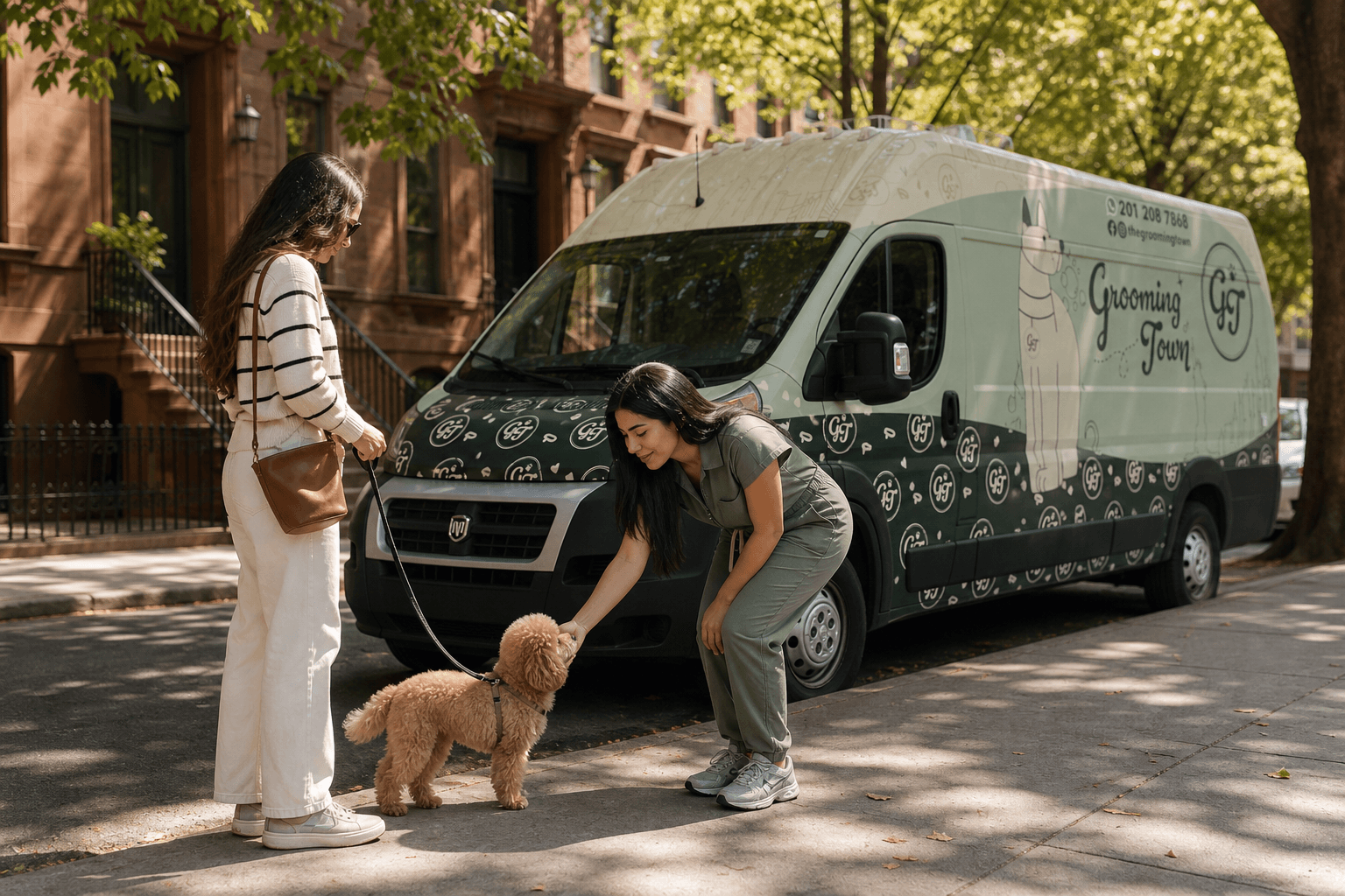 Solmary greeting a poodle and its owner on a brownstone block