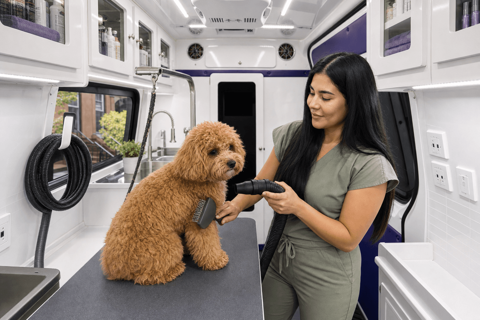 Solmary grooming a dog inside the private Grooming Town mobile spa