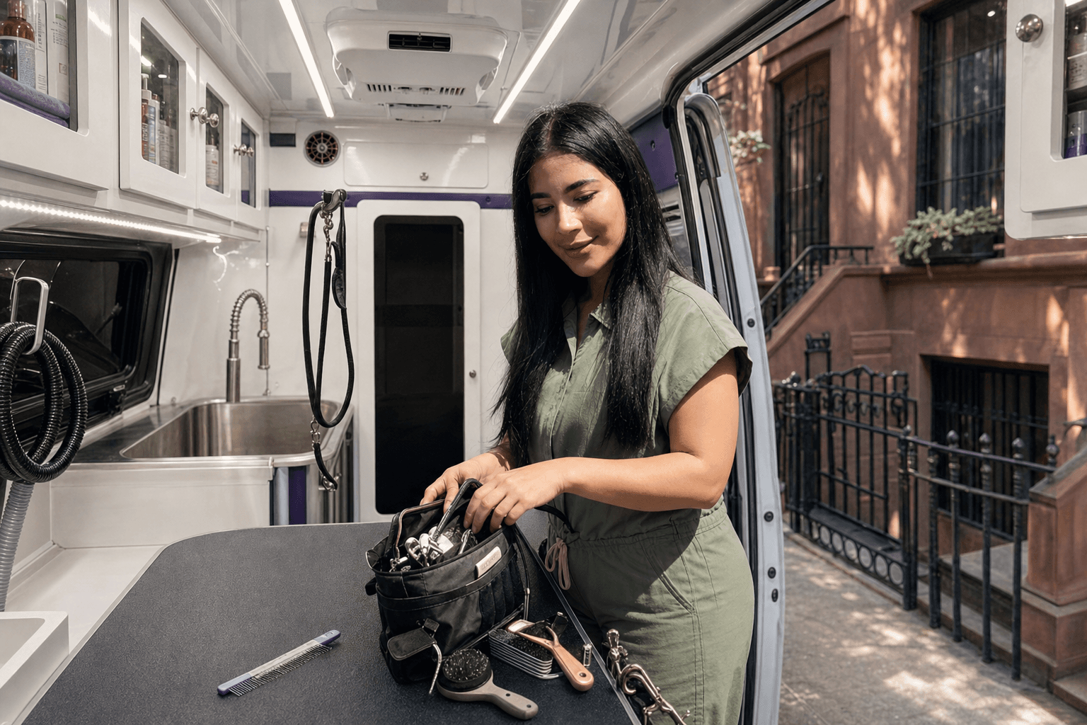 Solmary checking her tools inside the mobile spa suite