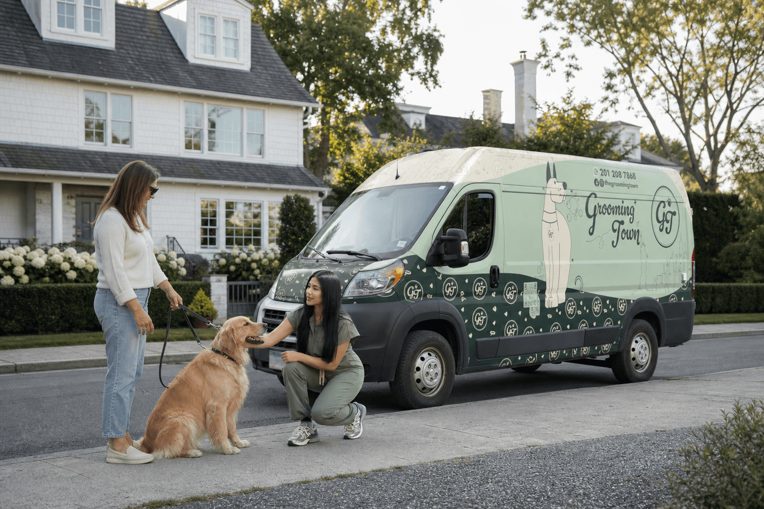 Solmary greeting a golden retriever and its owner at an estate