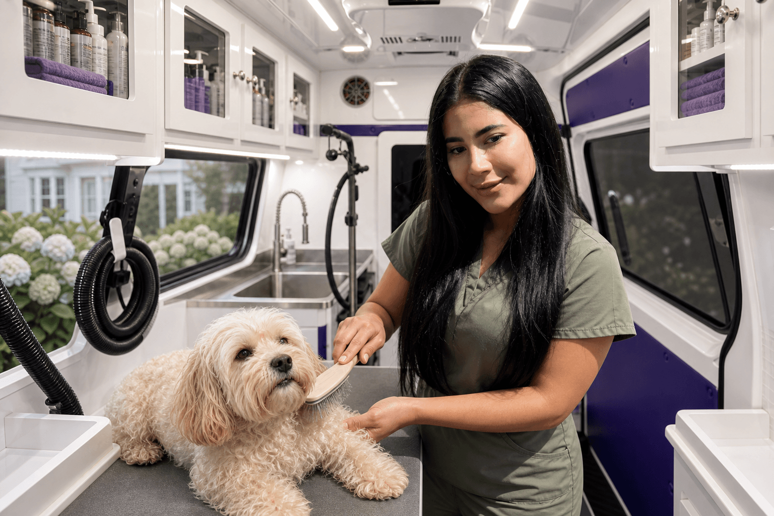 Solmary brushing a cream doodle inside the mobile spa