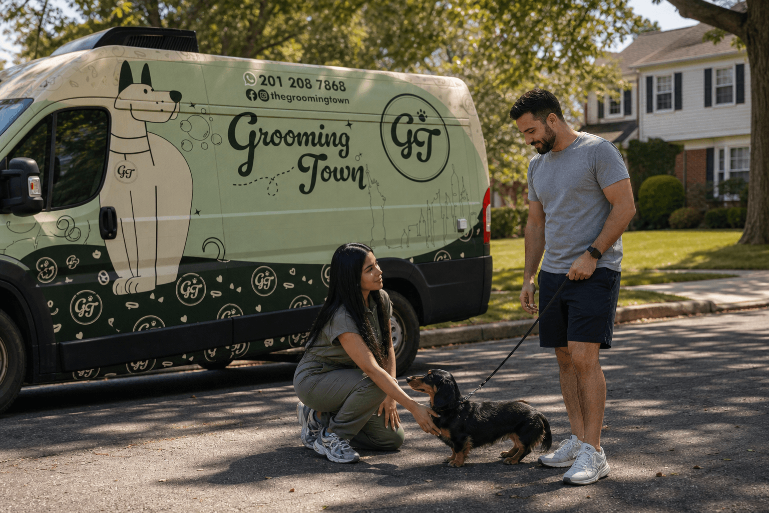 Solmary greeting a spaniel and its owner on a suburban street