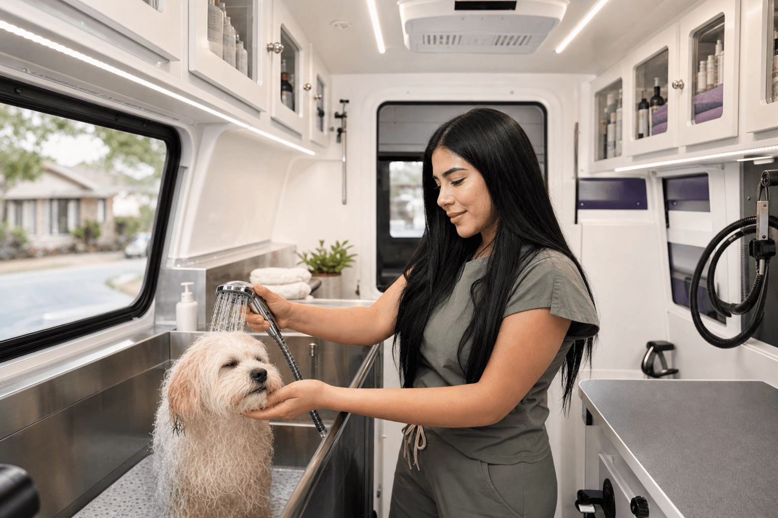 Solmary bathing a small dog inside the Grooming Town mobile spa