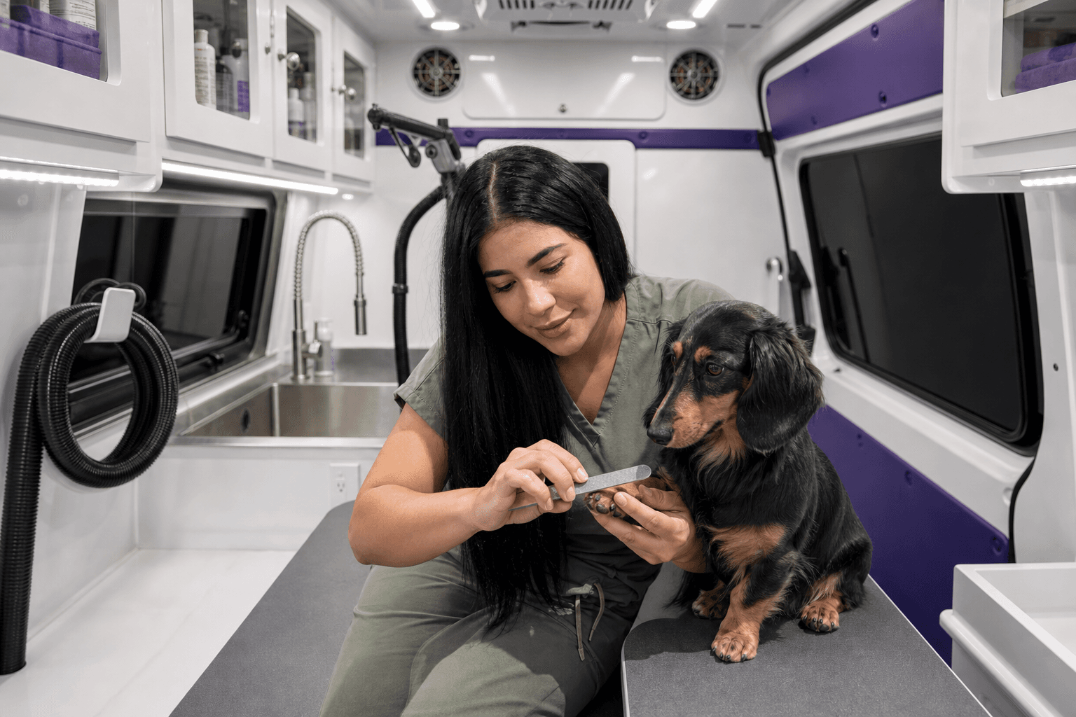 Finishing the nails of a long-haired dachshund