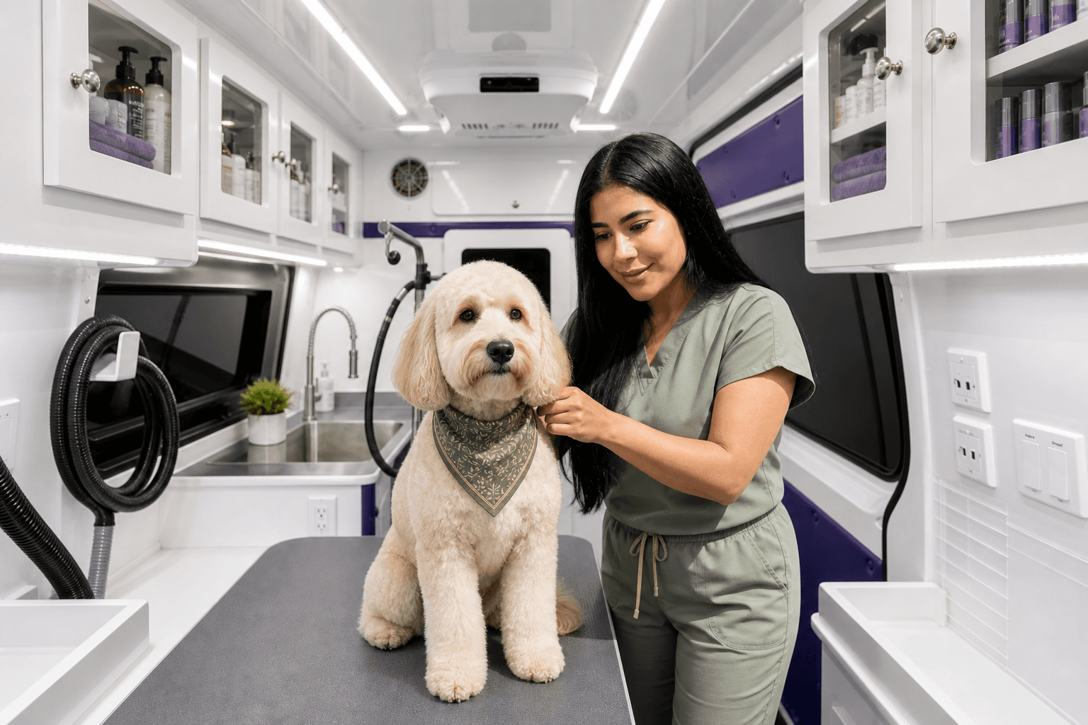 A calm, freshly groomed dog wearing the Grooming Town finishing bandana