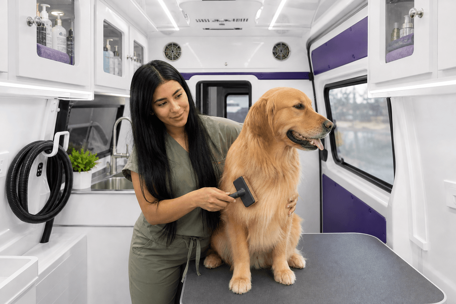 Solmary brushing a golden retriever inside the mobile spa