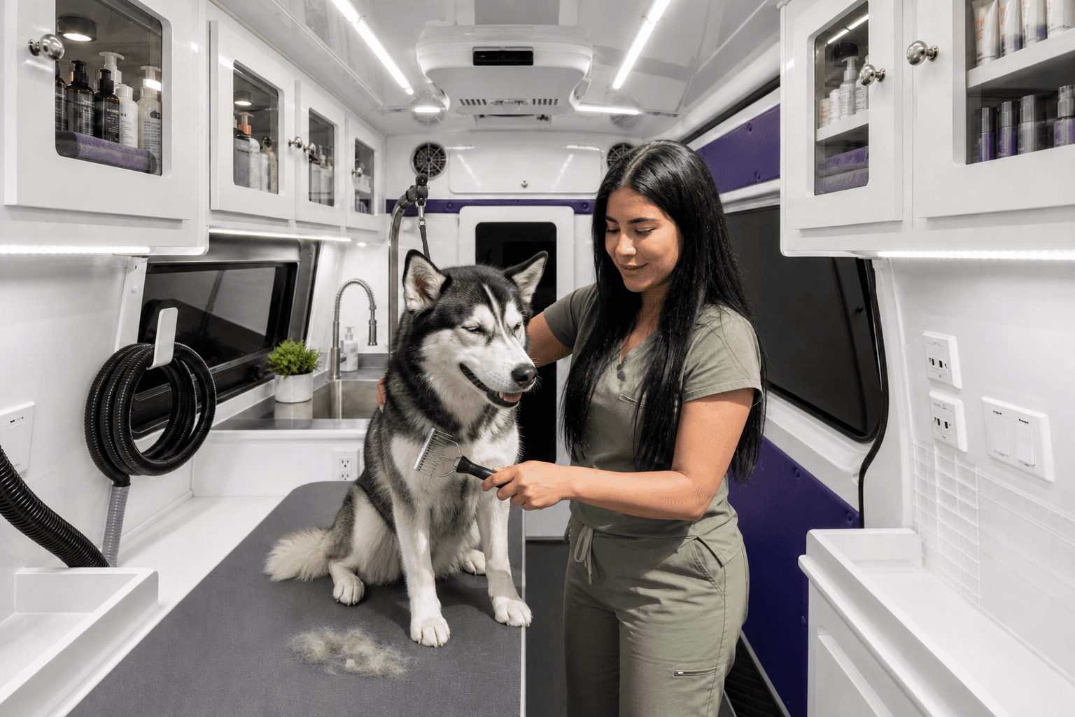 Solmary deshedding a husky inside the mobile spa