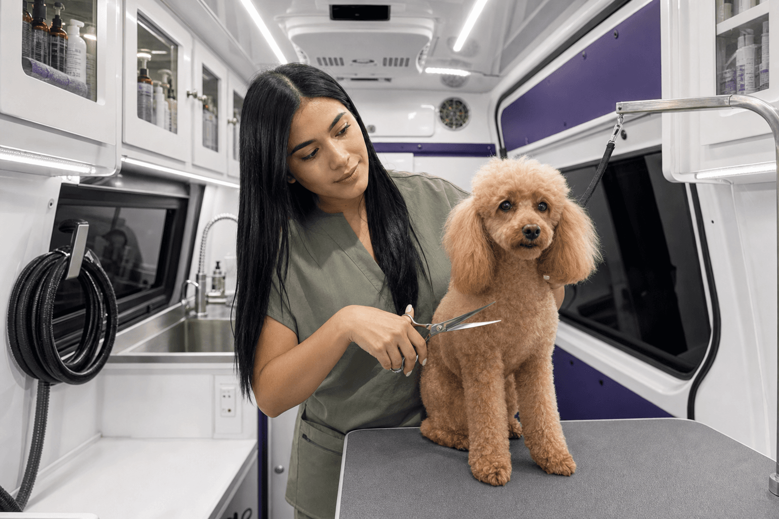 Solmary completing a tailored scissor finish on a poodle