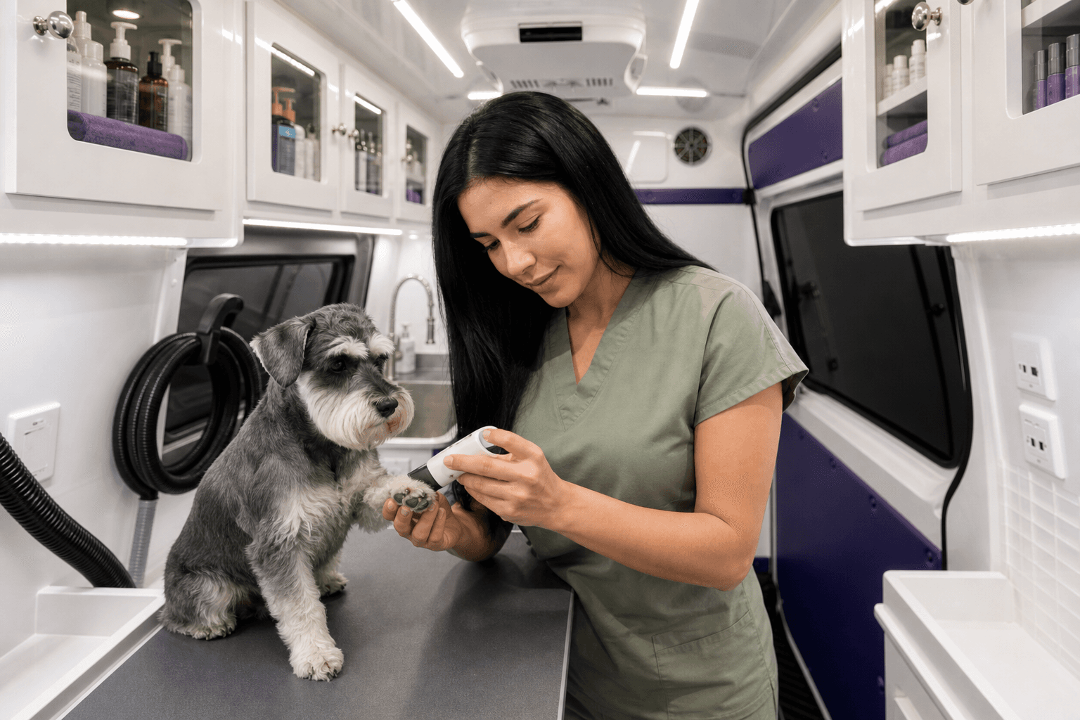 Trimming paw fur on a miniature schnauzer