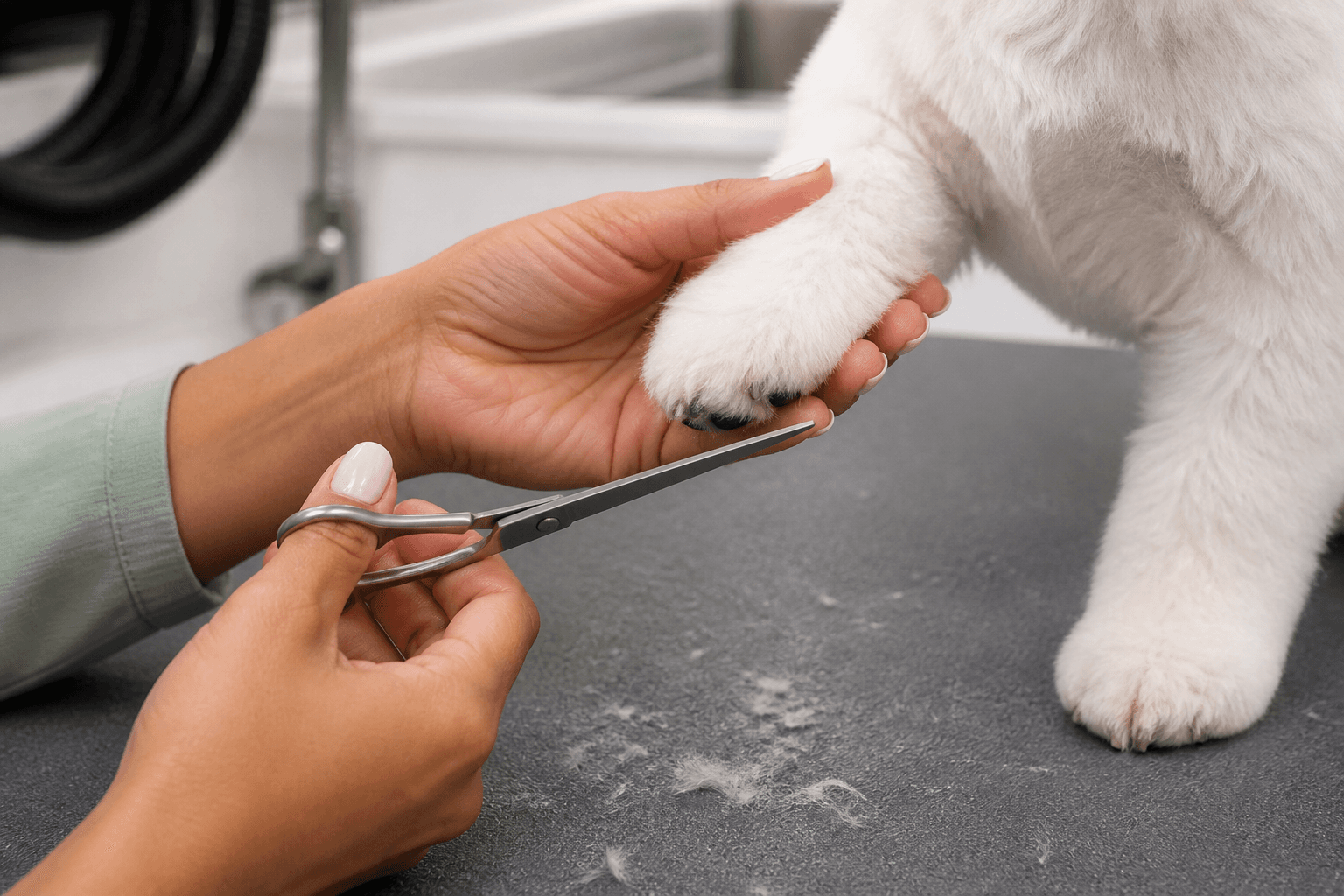 Shaping the fur around a paw with rounded-tip scissors