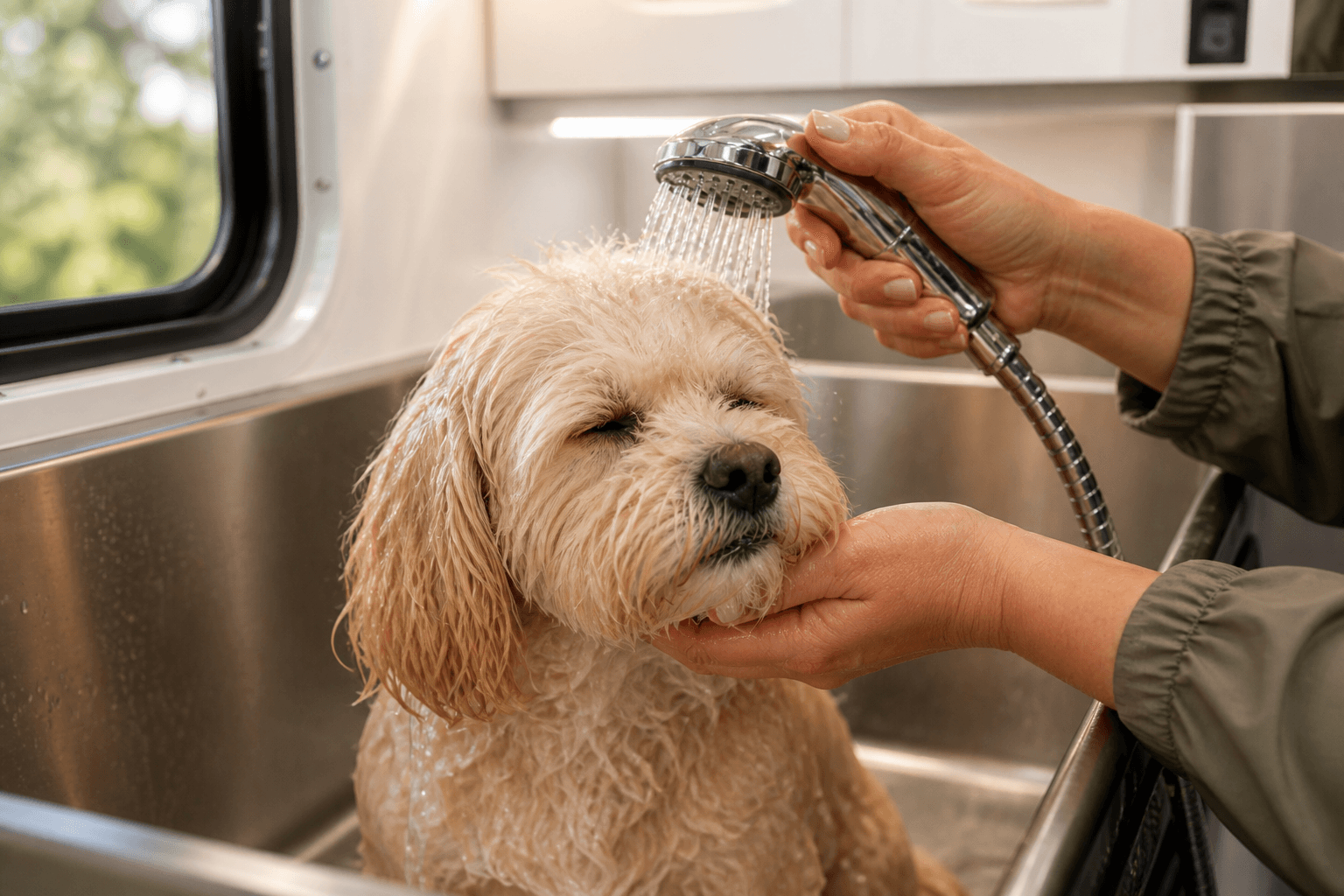 Solmary rinsing a dog during a hydrating coat treatment inside the mobile spa