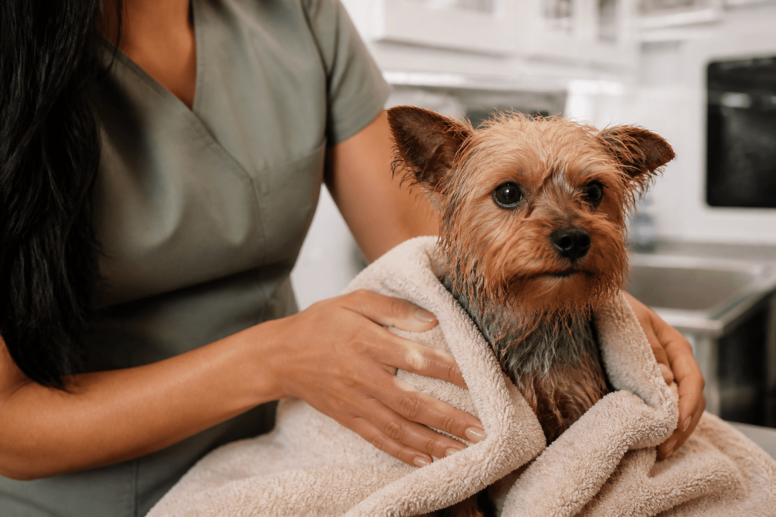 A dog wrapped in a warm towel after a nourishing cleanse